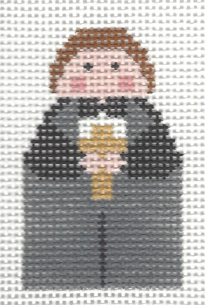 KCN Designers needlepoint canvas of a Georgette's Angel in black and gray gown holding a gold chalice.