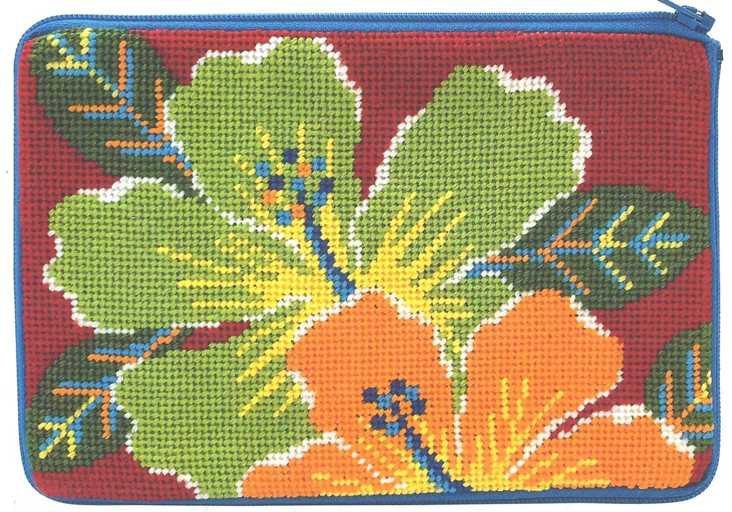 Stitch & Zip cosmetic purse needlepoint canvas of a green and an orange hibiscus on a red background.