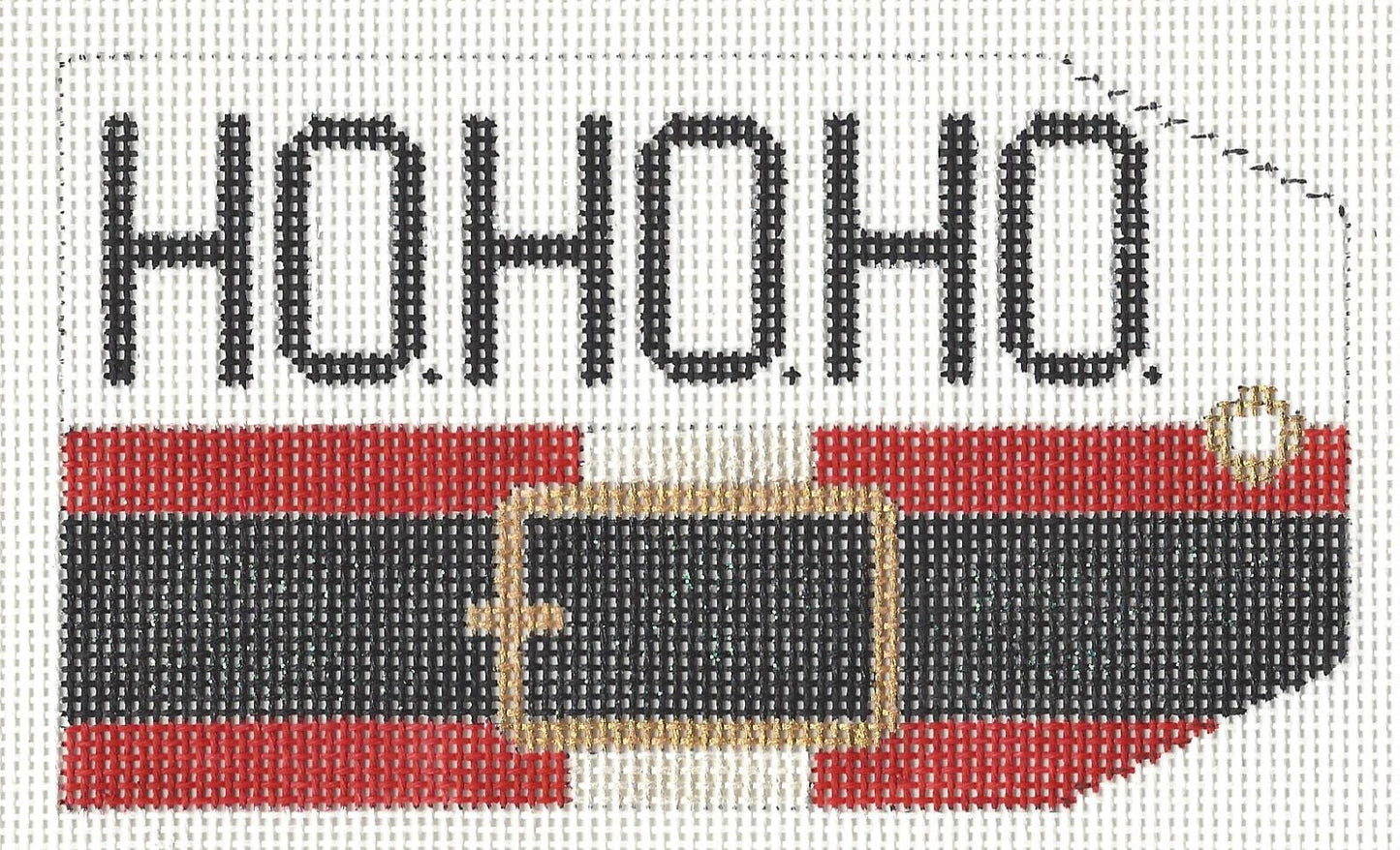The Meredith Collection luggage tag needlepoint canvas featuring the text 'HO HO HO' in black, with a red and black horizontal belt motif and a gold buckle detail below.