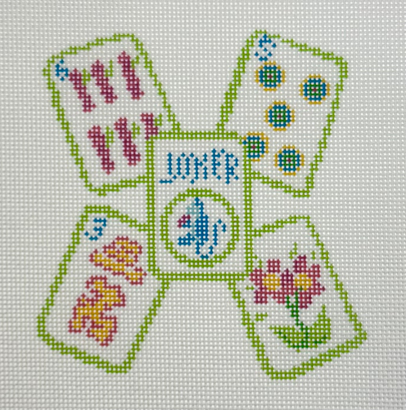 KCN Designers needlepoint canvas of 5 different mahjong tiles with light green outlines