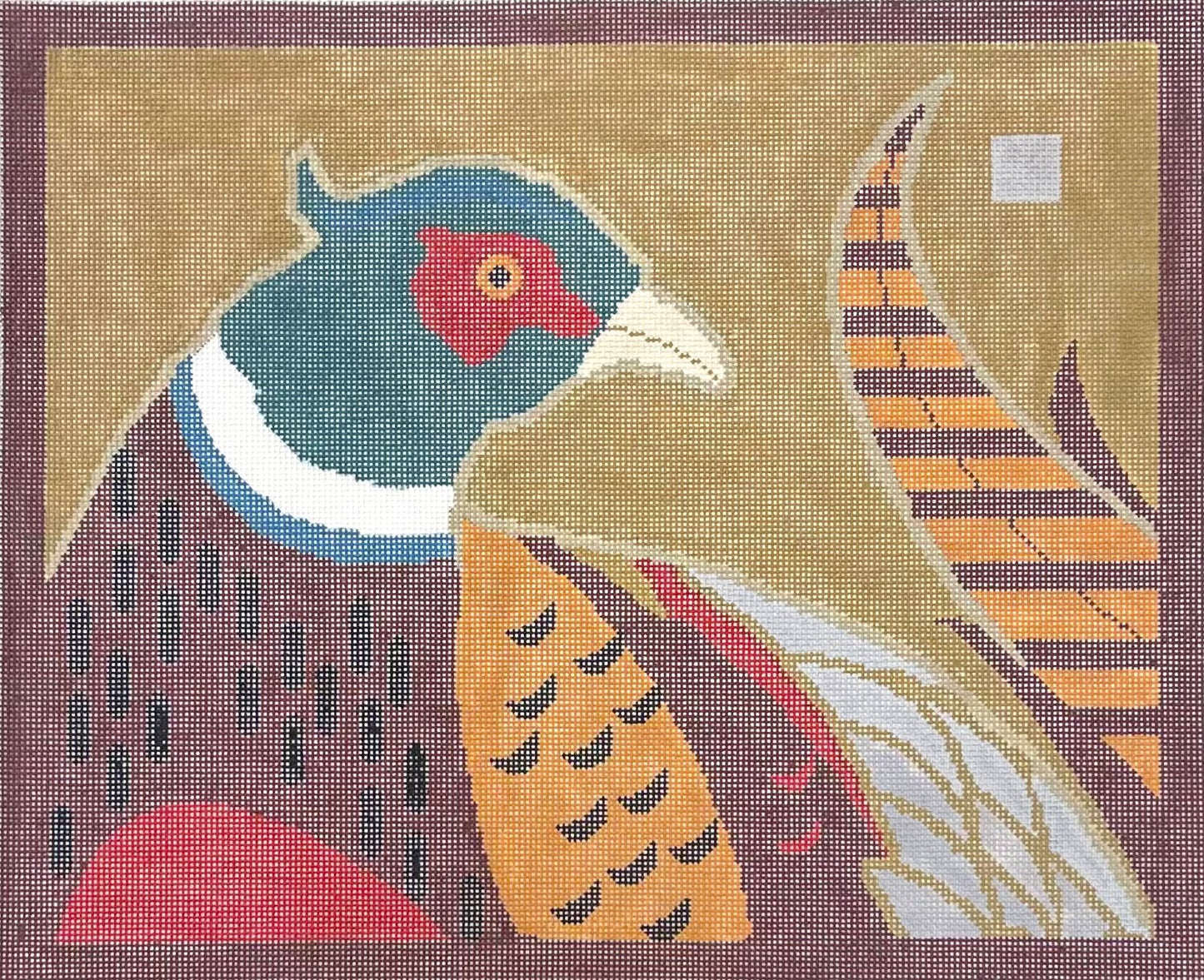 3 Kittens needlepoint canvas of a decorative pheasant on a beige background