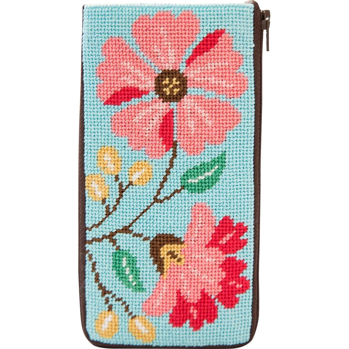 Stitch & Zip DIY needlepoint eyeglass case with a light blue background and a floral print featuring pink, red, and orange flowers with green leaves.