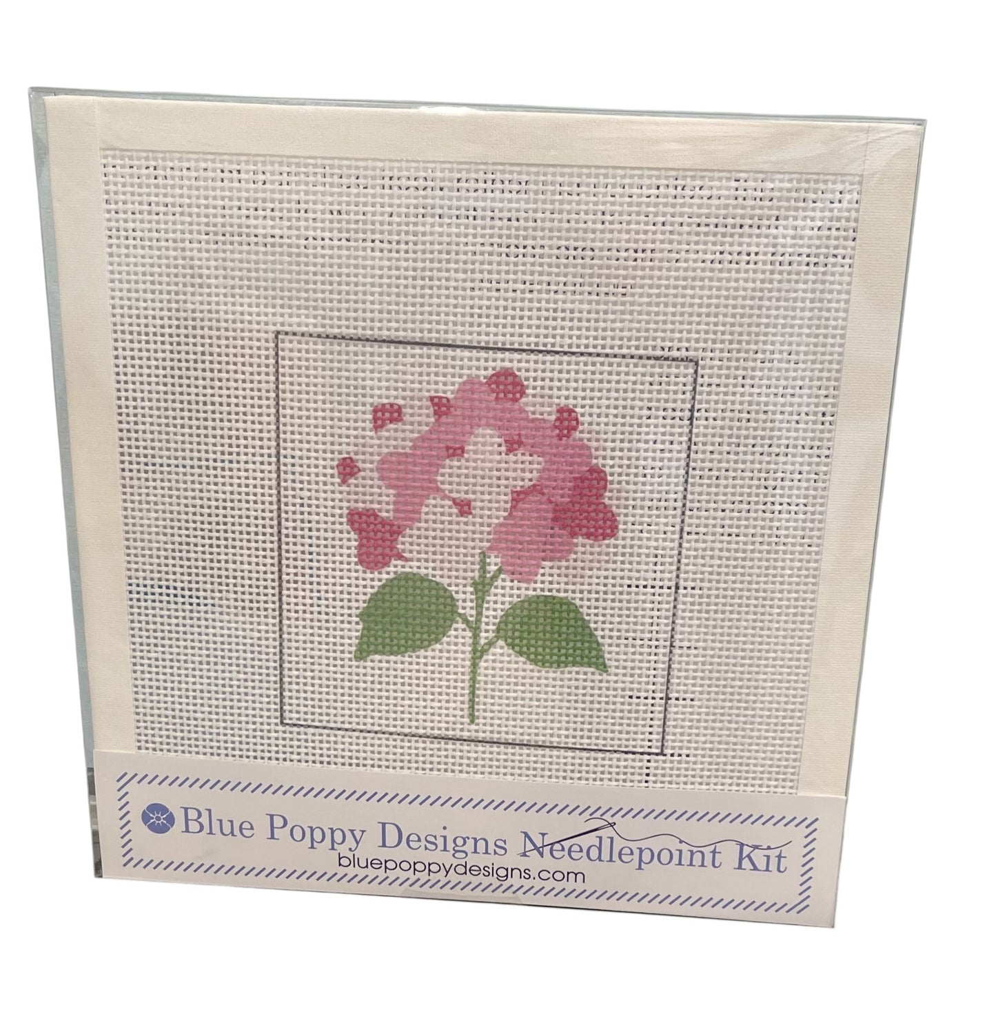 Blue Poppy Designs needlepoint kit with a pink hydrangea design on a white background