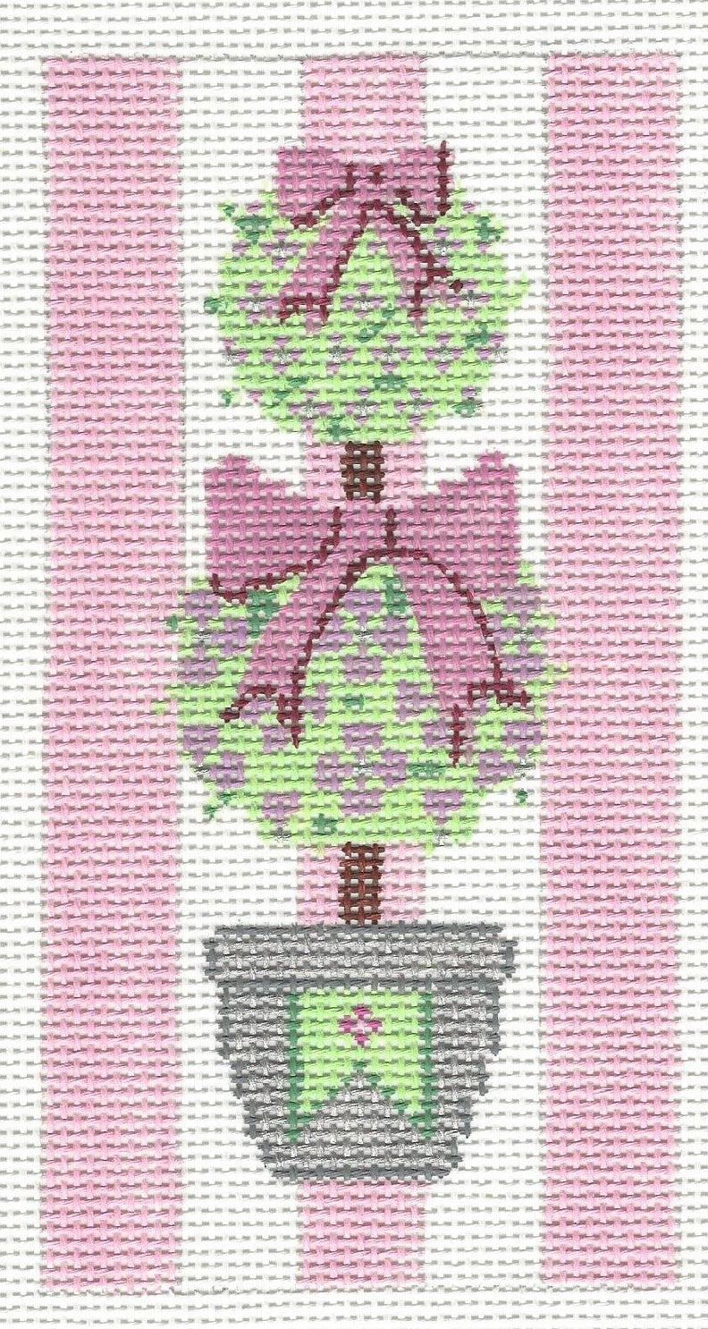Patricia Sone eyeglass case needlepoint canvas design featuring two green topiary trees with pink bows in gray pots, set against a pink and white striped background.