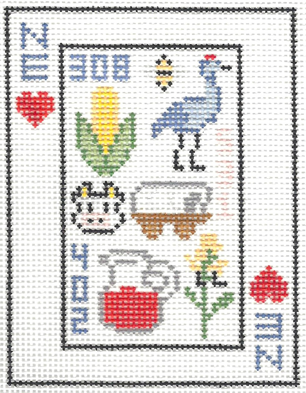 Threaded & Tipsy needlepoint canvas of a Nebrasksa-themed playing card.