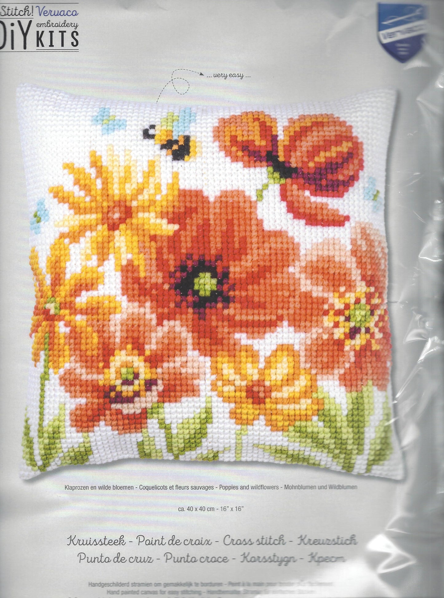Vervaco DiY Kit of orange and yellow poppies and wildflowers and a bee on a white background.