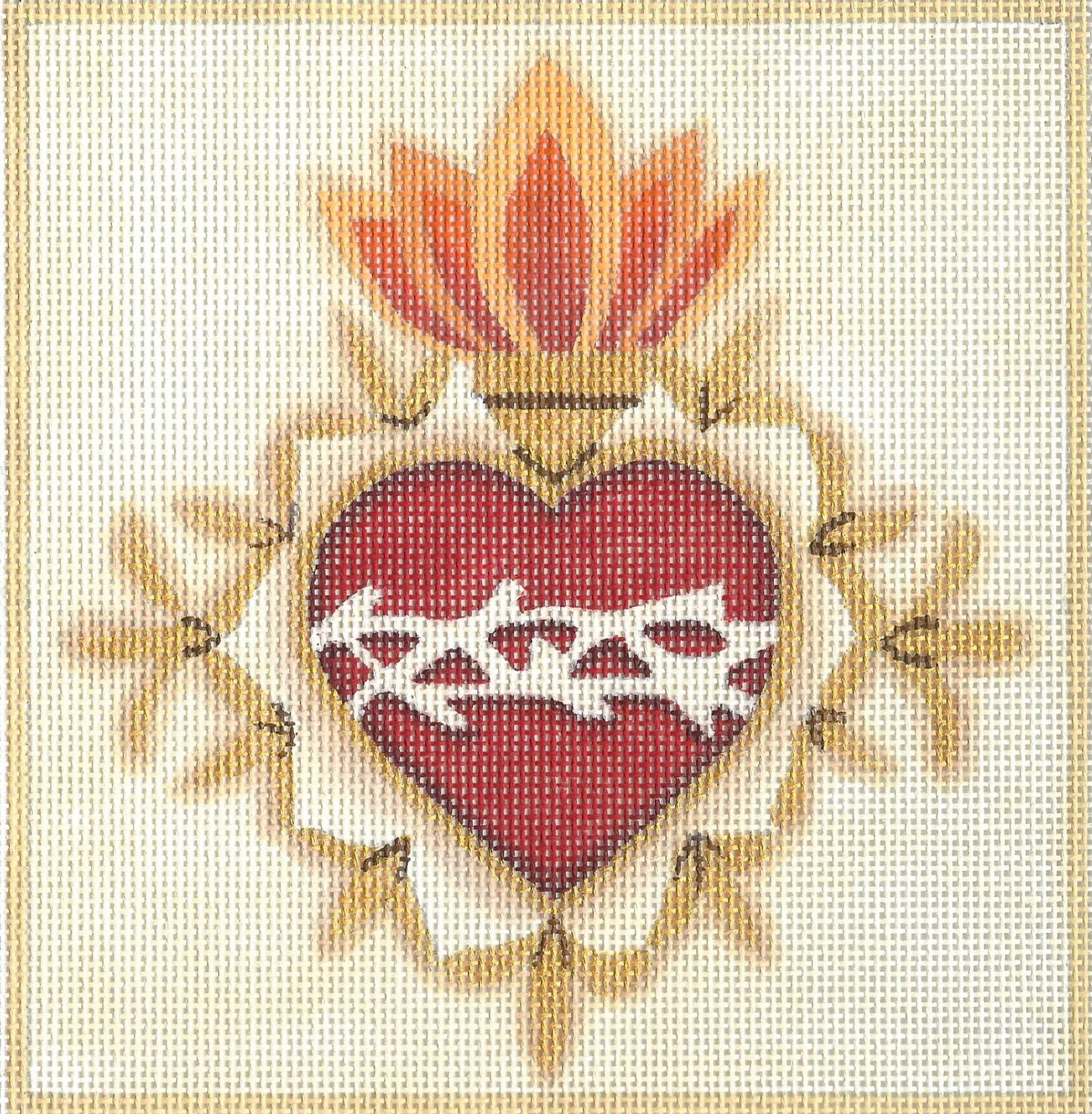 Raymond Crawford Designs needlepoint canvas of heart symbol with cross and flames on a beige background