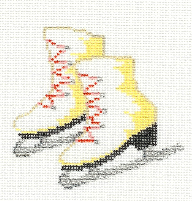 Sandra Gilmore needlepoint canvas of a pair of ice skate with a white background