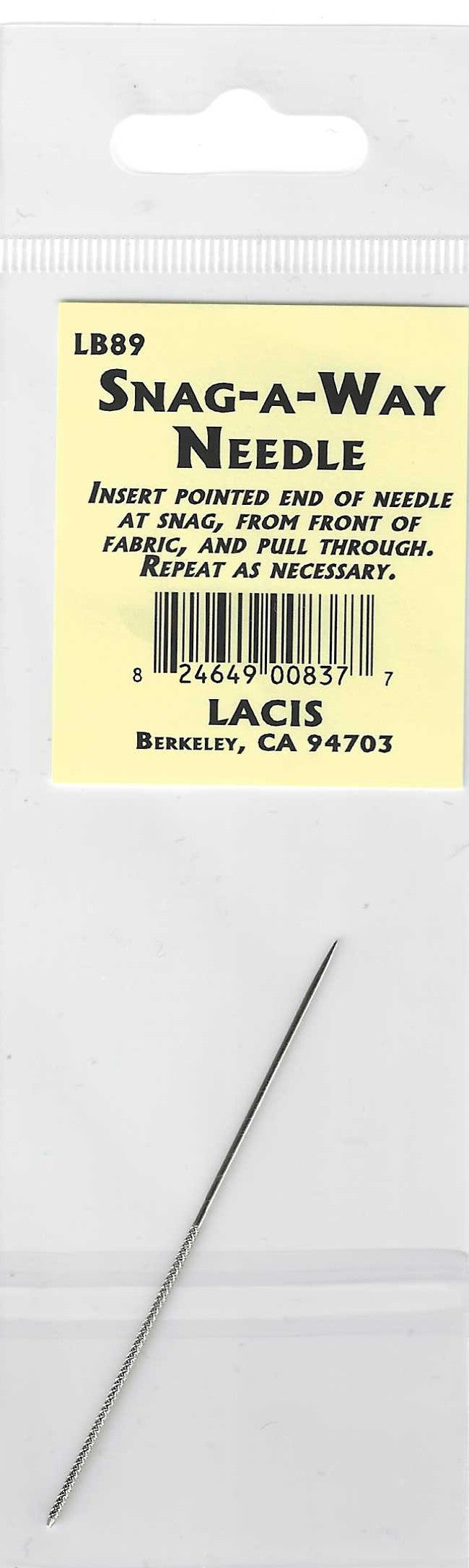 Snag-a-way needle package with needle on a white background