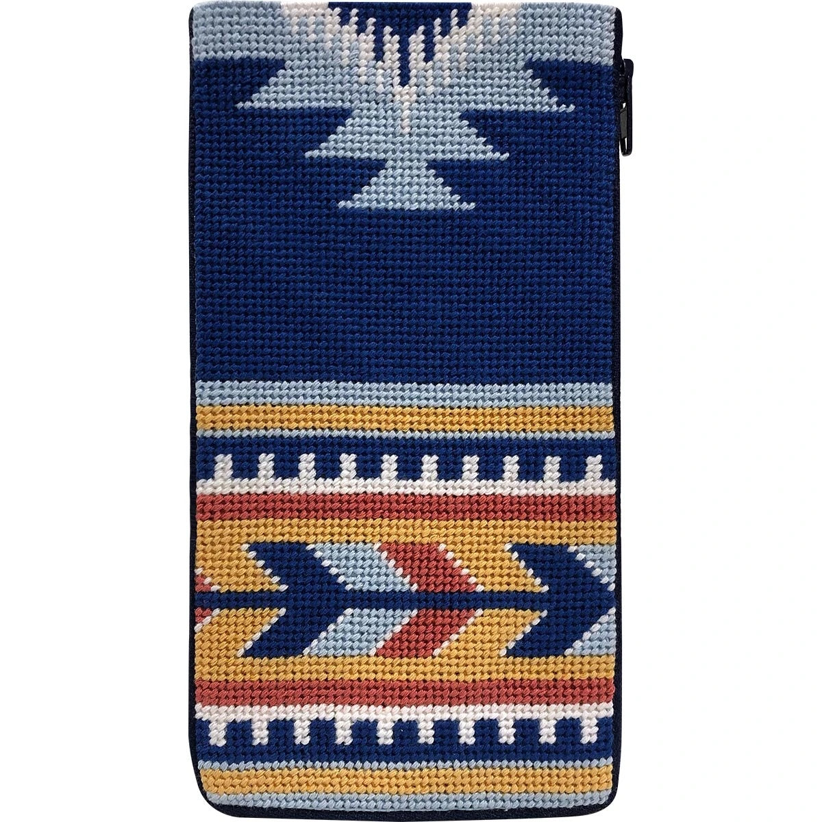 Stitch & Zip eyeglass case needlepoint kit of a textile pattern featuring a Southwestern geometric design in navy blue, white, orange, and red.