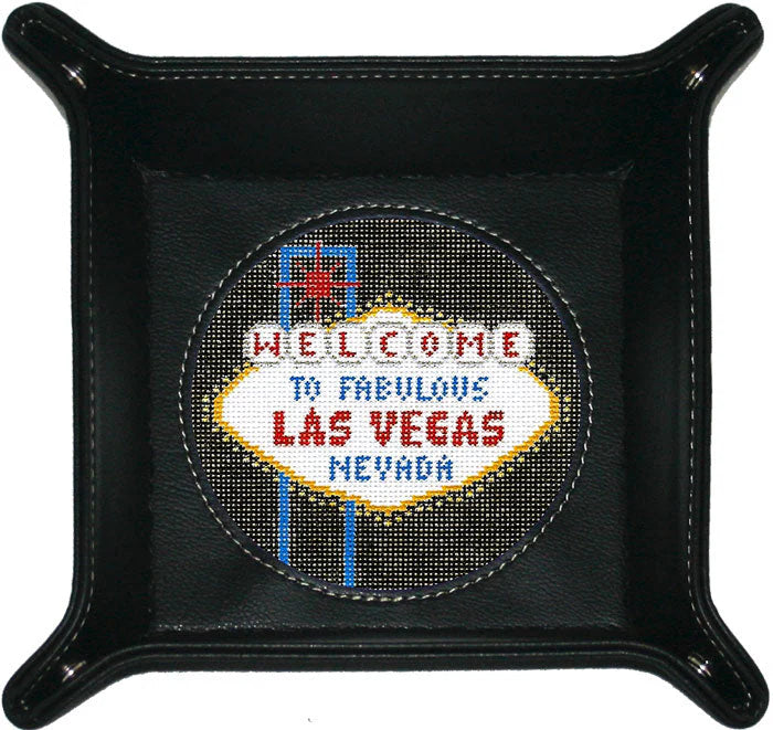 Lee's Needle Art black leather snap tray with a Welcome to Fabulous Las Vegas Nevada needlepoint design.
