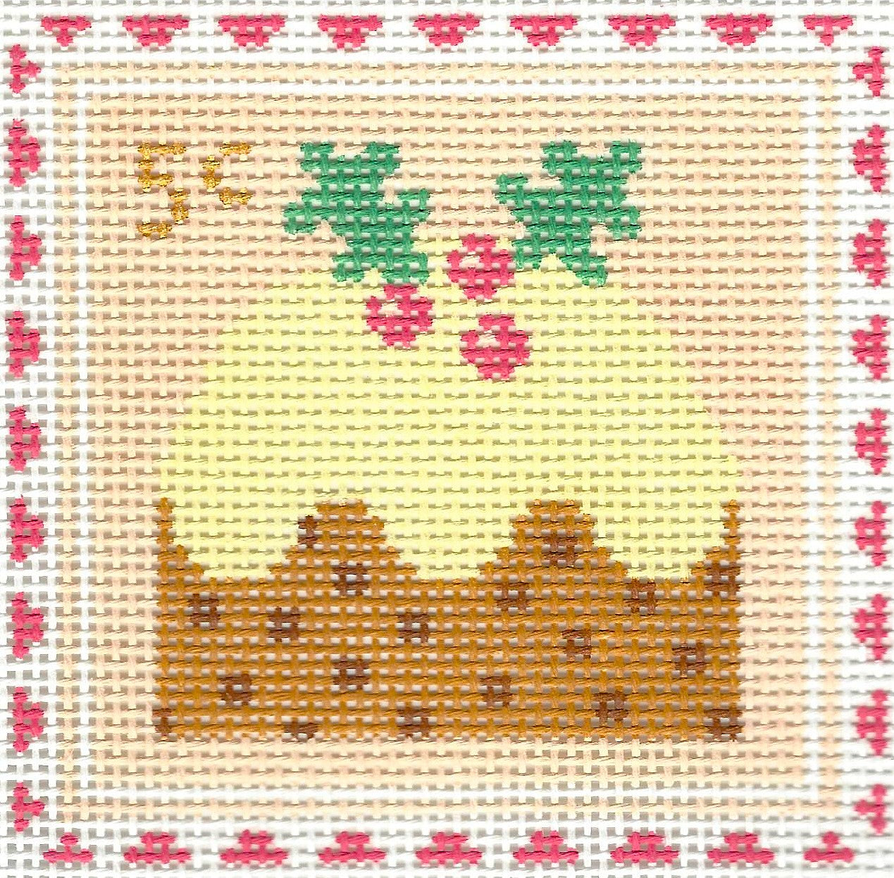 Stitch Rock needlepoint canvas of figgy pudding with a red and white patterned border