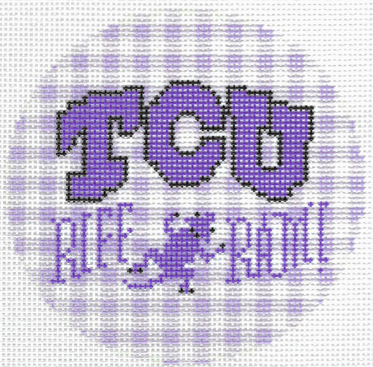 Wipstitch needlepoint design featuring purple letters 'TCU' with a purple horned frog mascot and the words 'RIFF RAMI!' below, on a light purple and white gingham background.