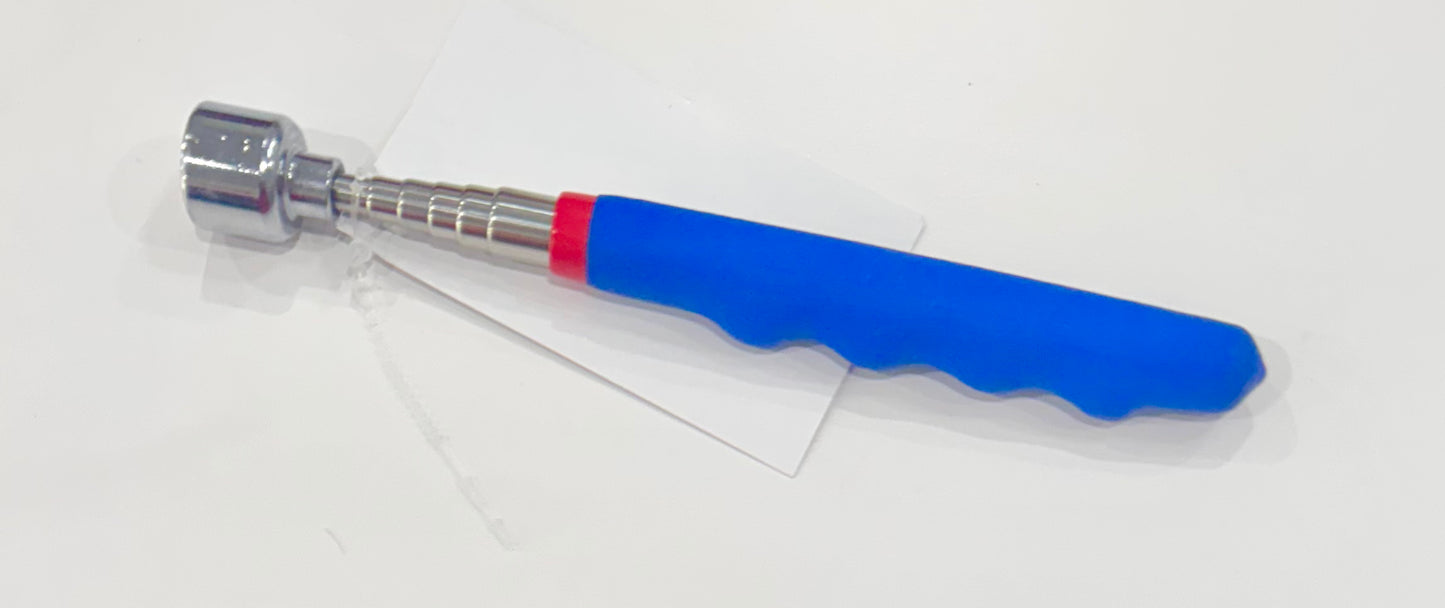 Yarn Tree Telescoping Magnetic Pick-up Wand with a blue and silver adjustable base and a red accent ring.