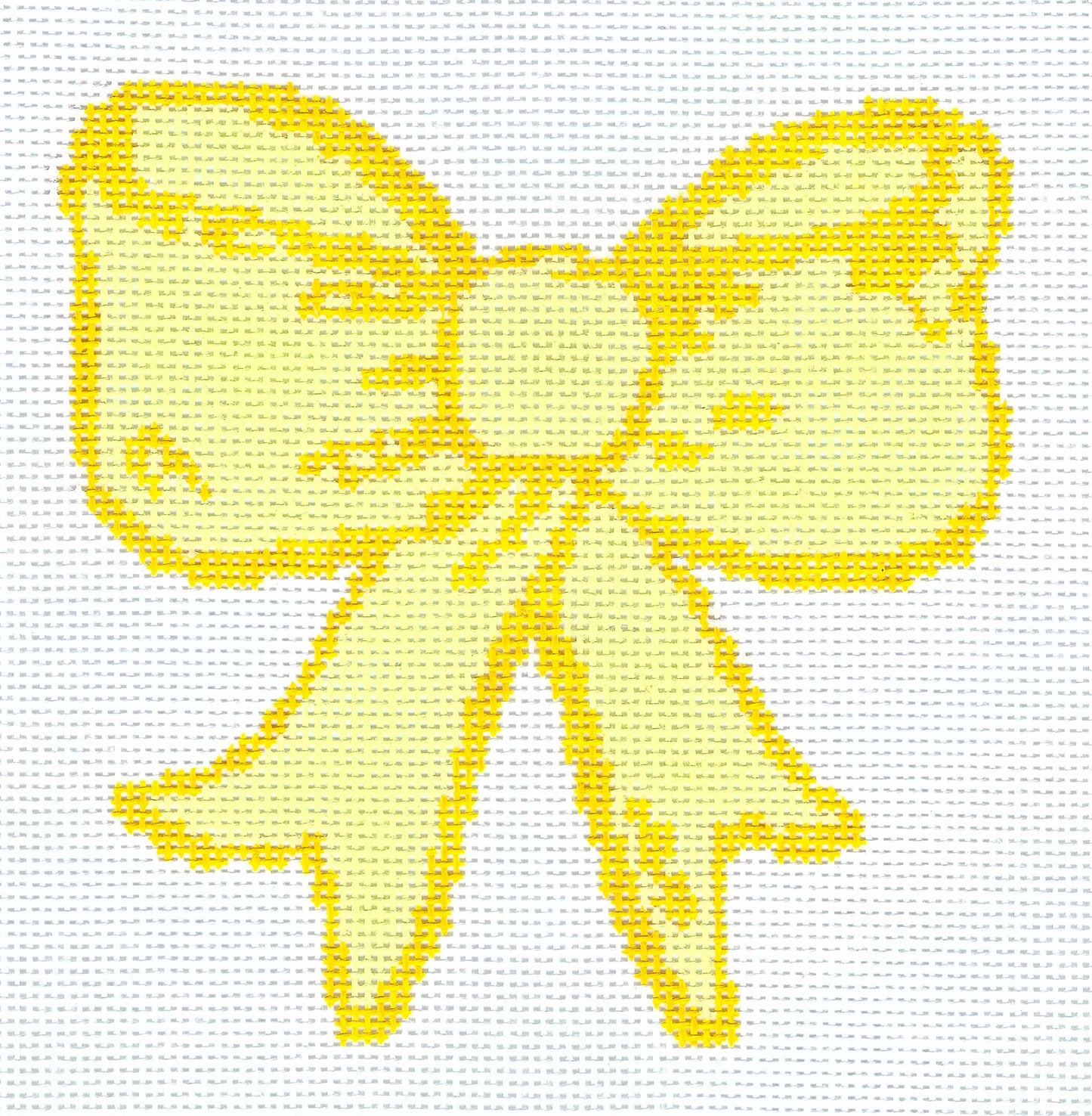 Threaded & Tipsy needlepoint canvas of a yellow bow on a white background.