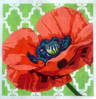 The Meredith Collection needlepoint canvas of red poppy flower with green and white patterned background