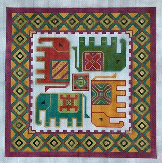 The Meredith Collection needlepoint canvas of colorful royal elephants with a geometric border