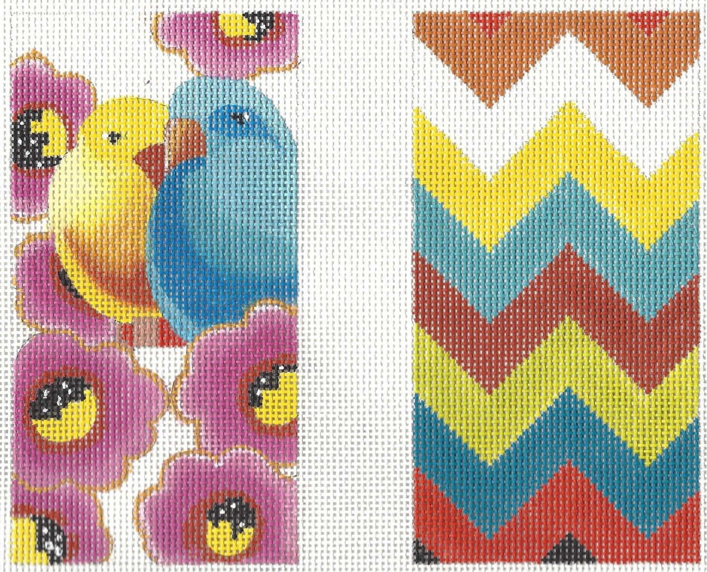 Colors of Praise eyeglass needlepoint canvas with two sides: one with two lovebirds and flowers, the other with a colorful chevron pattern.