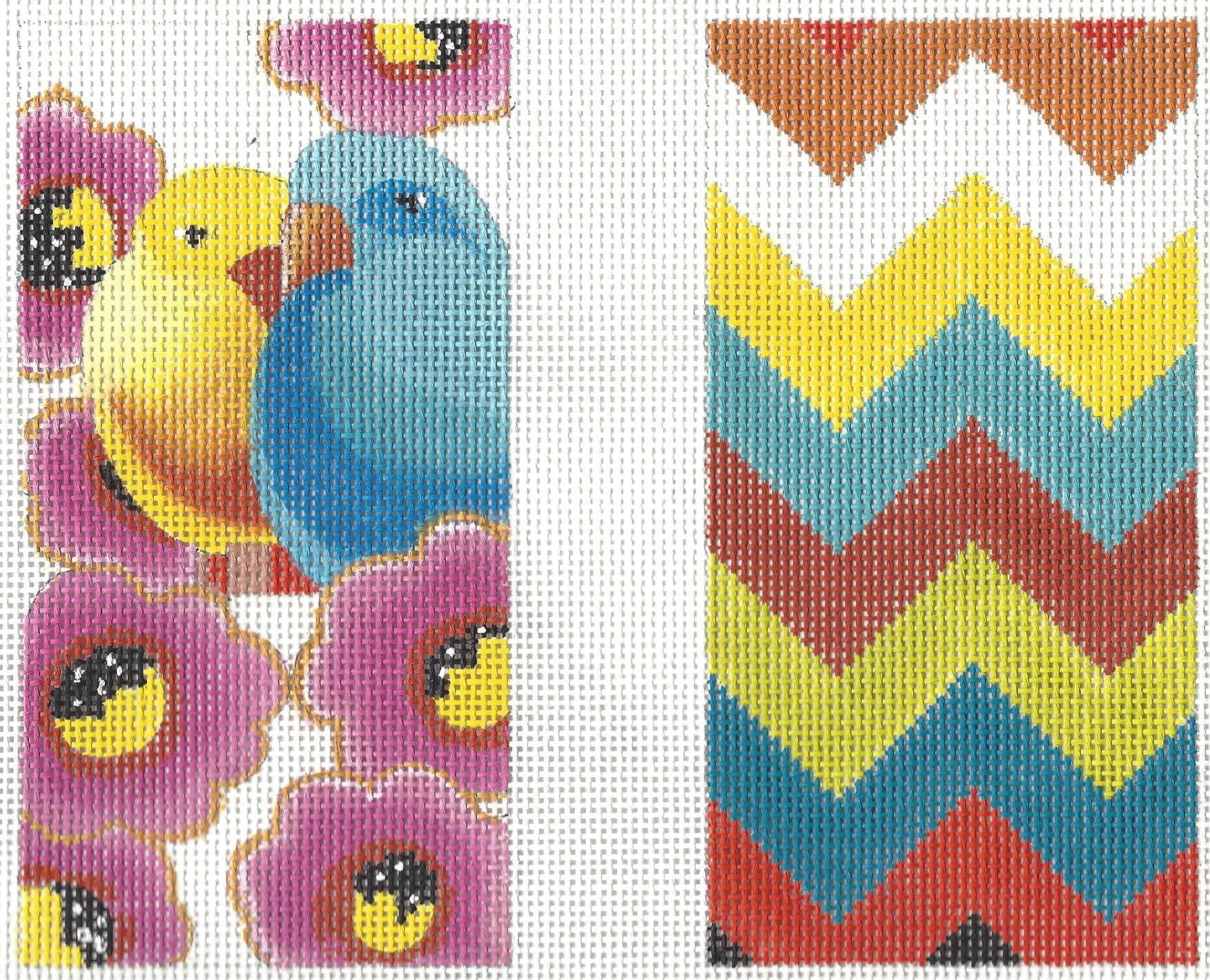 Colors of Praise eyeglass needlepoint canvas with two sides: one with two lovebirds and flowers, the other with a colorful chevron pattern.