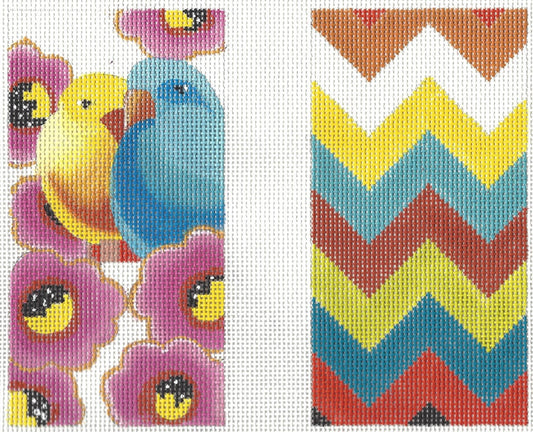 Colors of Praise eyeglass needlepoint canvas with two sides: one with two lovebirds and flowers, the other with a colorful chevron pattern.