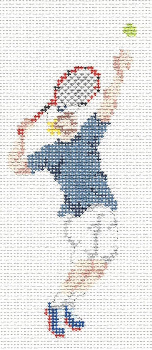 Pip & Roo needlepoint canvas of a tennis player in action with a racket and ball