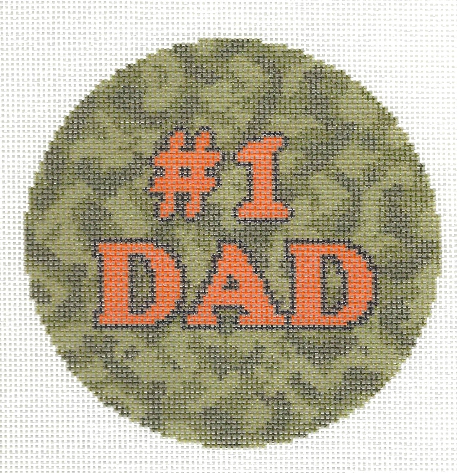 Needlepaint round needlepoint canvas with '#1 DAD' orange text on a camouflage background