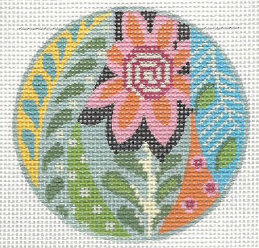 Kelly Clark round needlepoint canvas of mod Meredith with decorative design of flowers, leaves, and patterns
