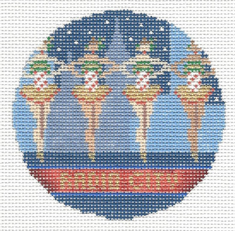 Kirk & Bradley round needlepoint canvas of Rockettes with text 'RADIO CITY'