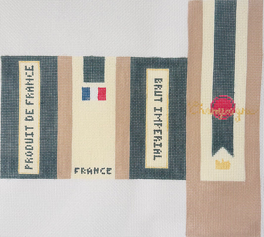Stitch Style needlepoint canvas of 3D Champagne Box with 'BRUT IMPERIAL', 'FRANCE', 'PRODUIT DE FRANCE' text and a French flag.