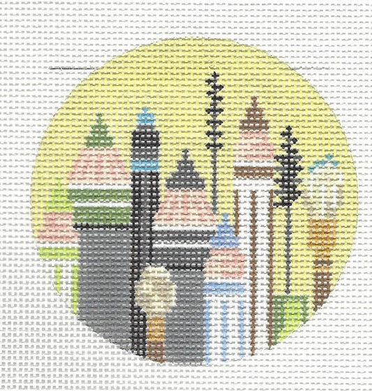 Kelly Clark round needlepoint canvas of colorful eye makeup tools with verde palette