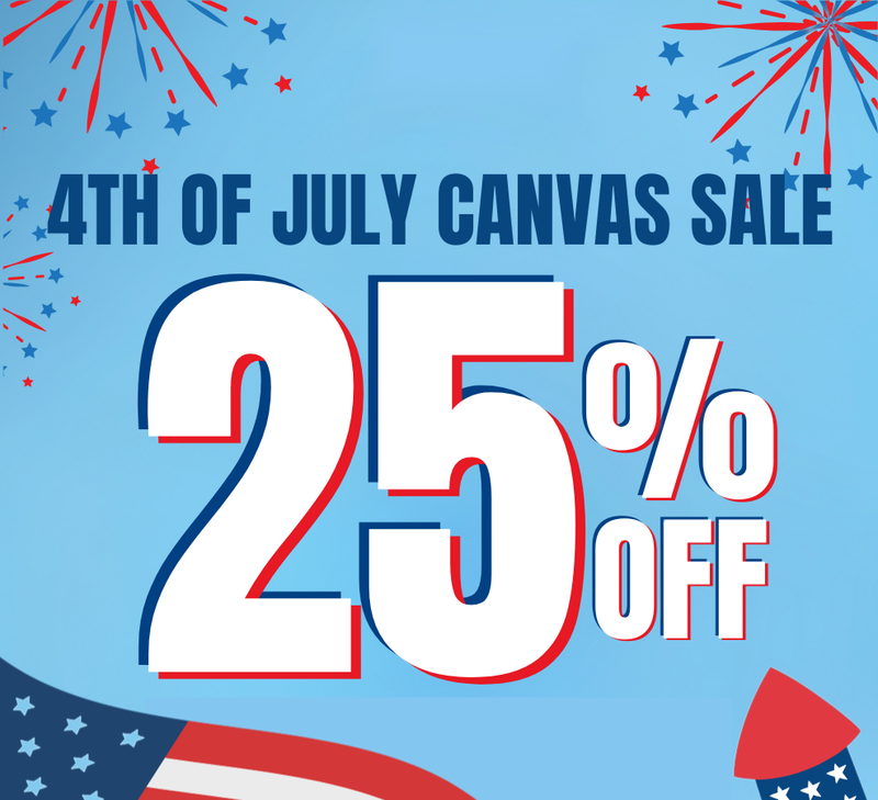 Text '4th of July Canvas Sale' and '25% OFF' with red, white, and blue decorations.