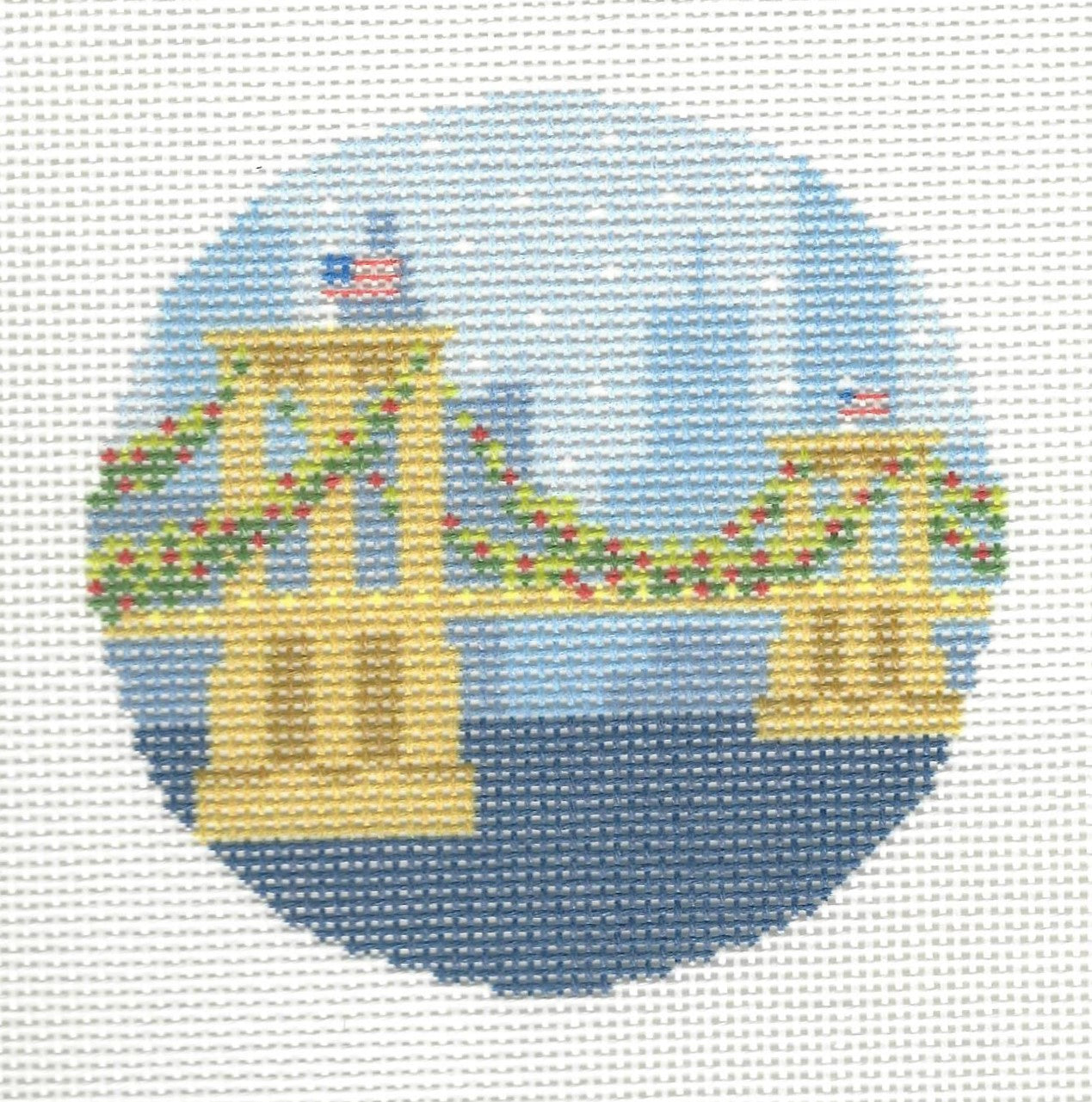 Kirk & Bradley round needlepoint canvas of Brooklyn bridge