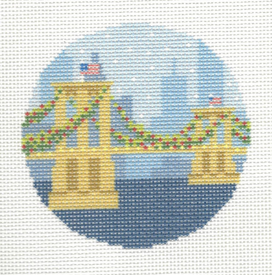 Kirk & Bradley round needlepoint canvas of Brooklyn bridge