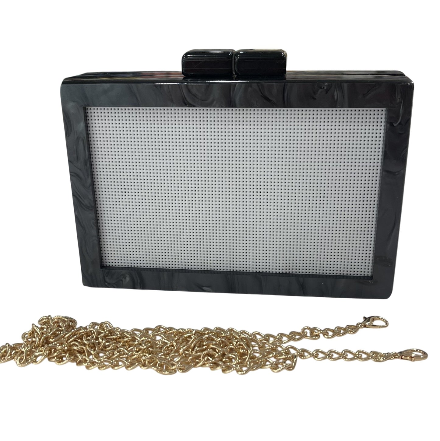 Bexar Needleworks Self-Finishing Acrylic Clutch in black with a gold chain strap, displayed on a white background.