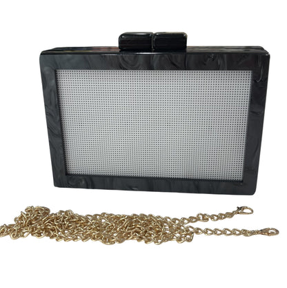 Bexar Needleworks Self-Finishing Acrylic Clutch in black with a gold chain strap, displayed on a white background.