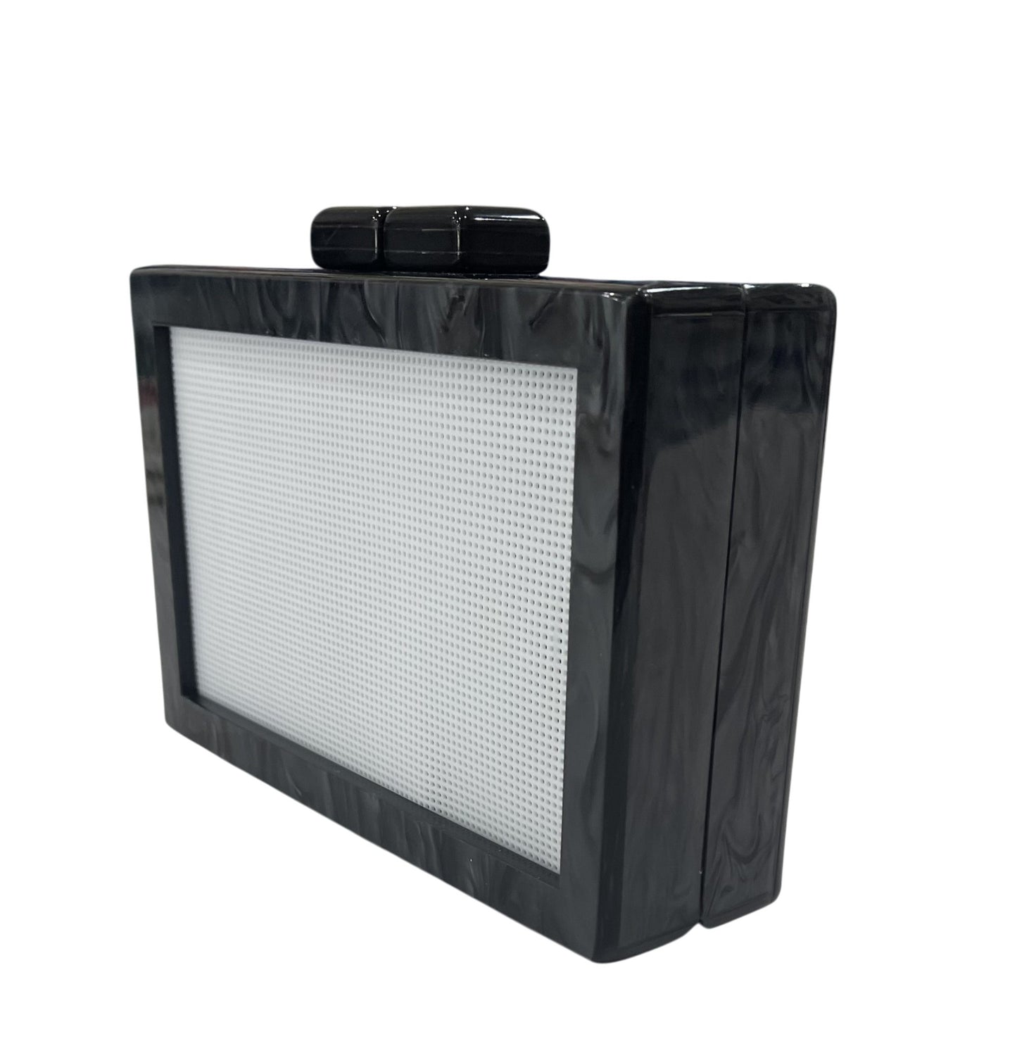 Bexar Needleworks Self-Finishing Acrylic Clutch in black displayed on a white background.