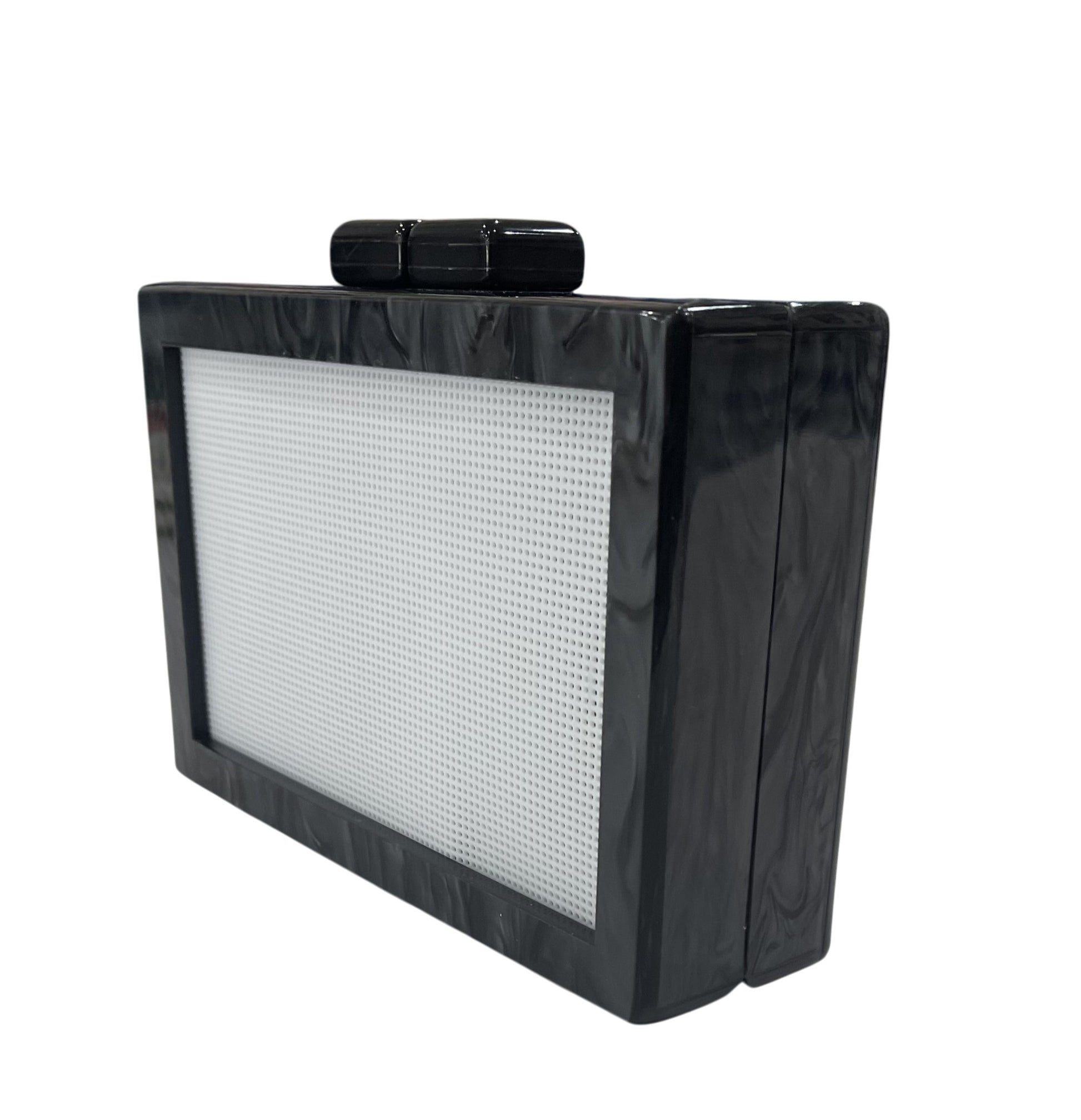 Bexar Needleworks Self-Finishing Acrylic Clutch in black displayed on a white background.