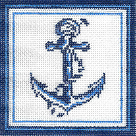 Kirk & Bradley square needlepoint canvas featuring a navy blue anchor design on a white grid background, framed by a blue border.