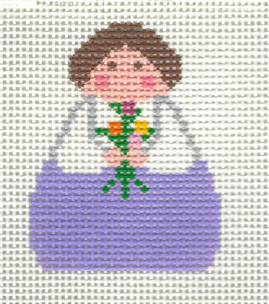 KCN Designers needlepoint canvas of a May angel holding bouquet of flowers