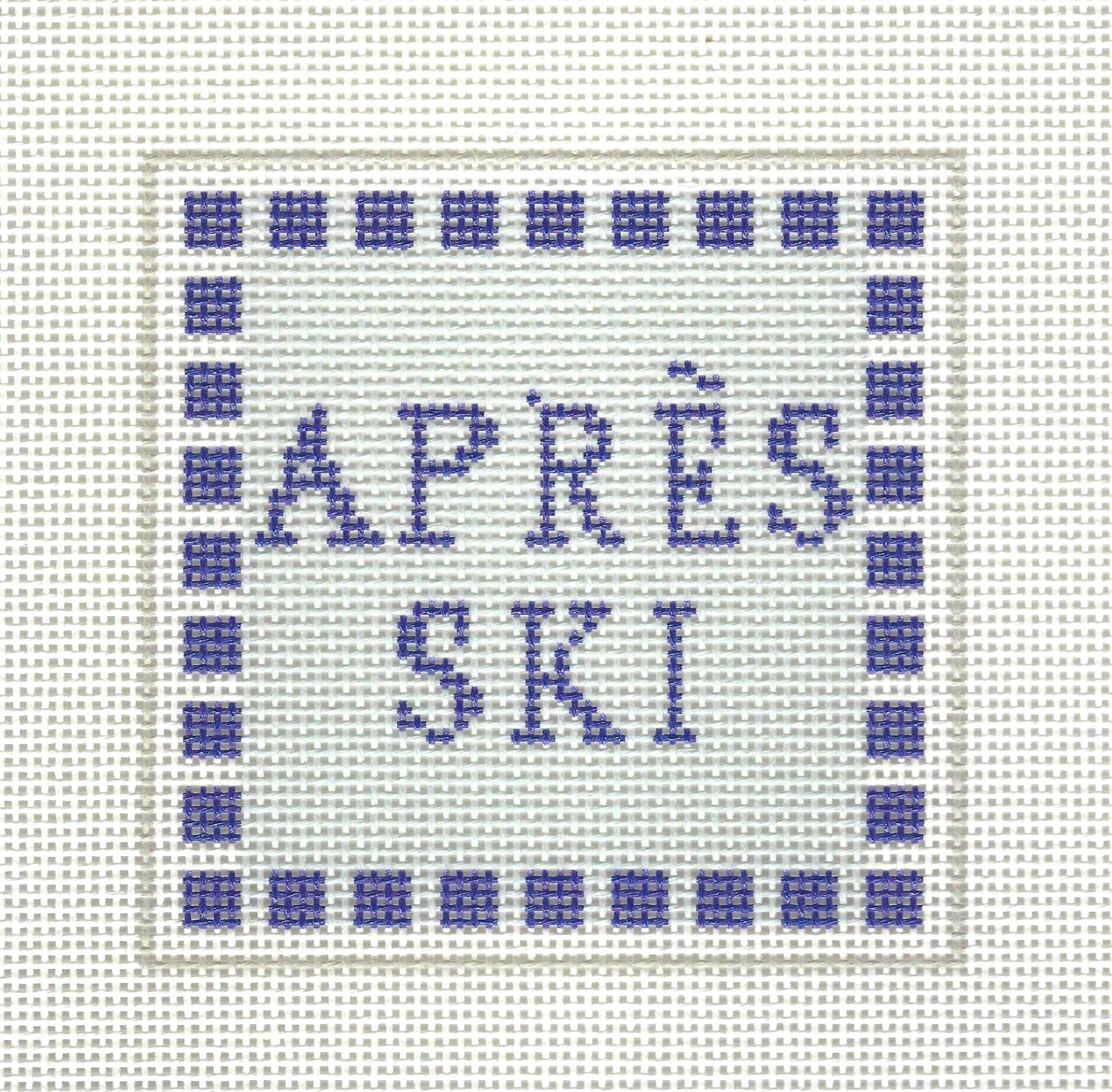 KCN Designers needlepoint canvas of 'APRèS SKI' text on a white background with checkered blue border