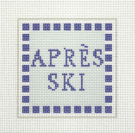 KCN Designers needlepoint canvas of 'APRèS SKI' text on a white background with checkered blue border