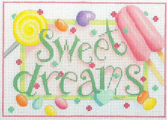 Associated Talents needlepoint canvas of 'Sweet Dreams' text with candy-themed border