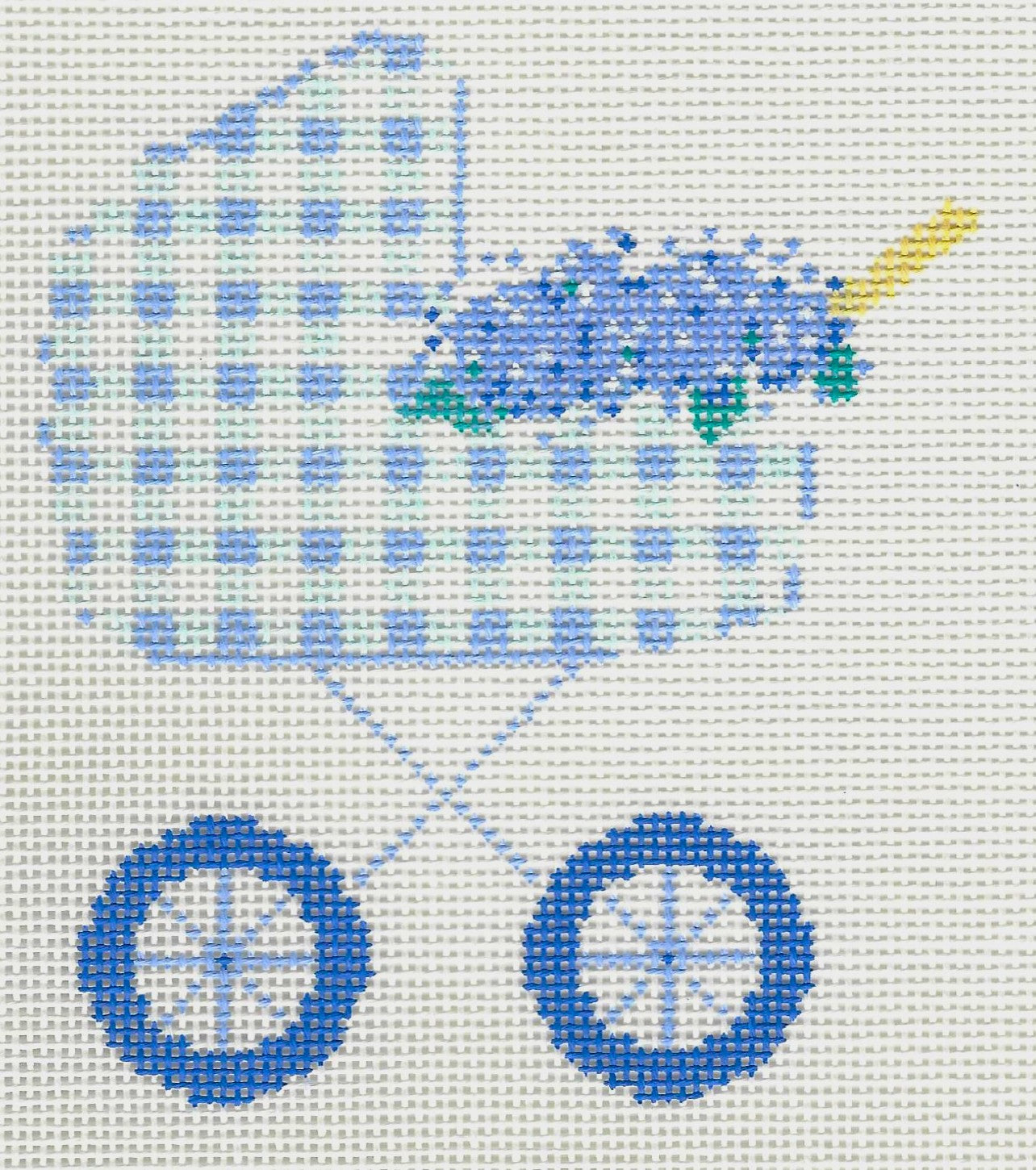 Stitch Style needlepoint canvas of a baby carriage with blue hydrangeas