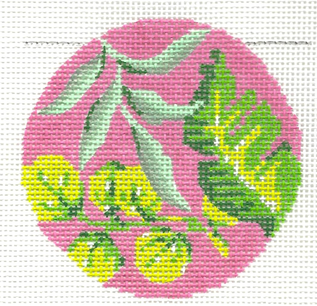 Kelly Clark round needlepoint canvas of a banana leaf with fuchsia background