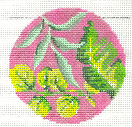 Kelly Clark round needlepoint canvas of a banana leaf with fuchsia background