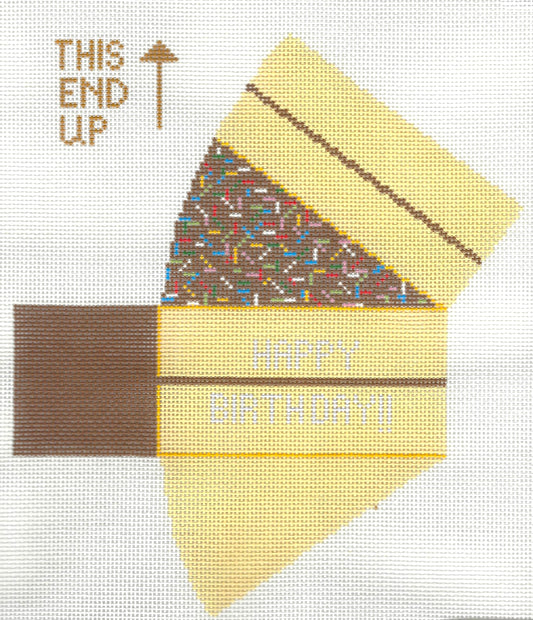 Ann Kaye needlepoint canvas of 3D birthday cake with text 'HAPPY BIRTHDAY'