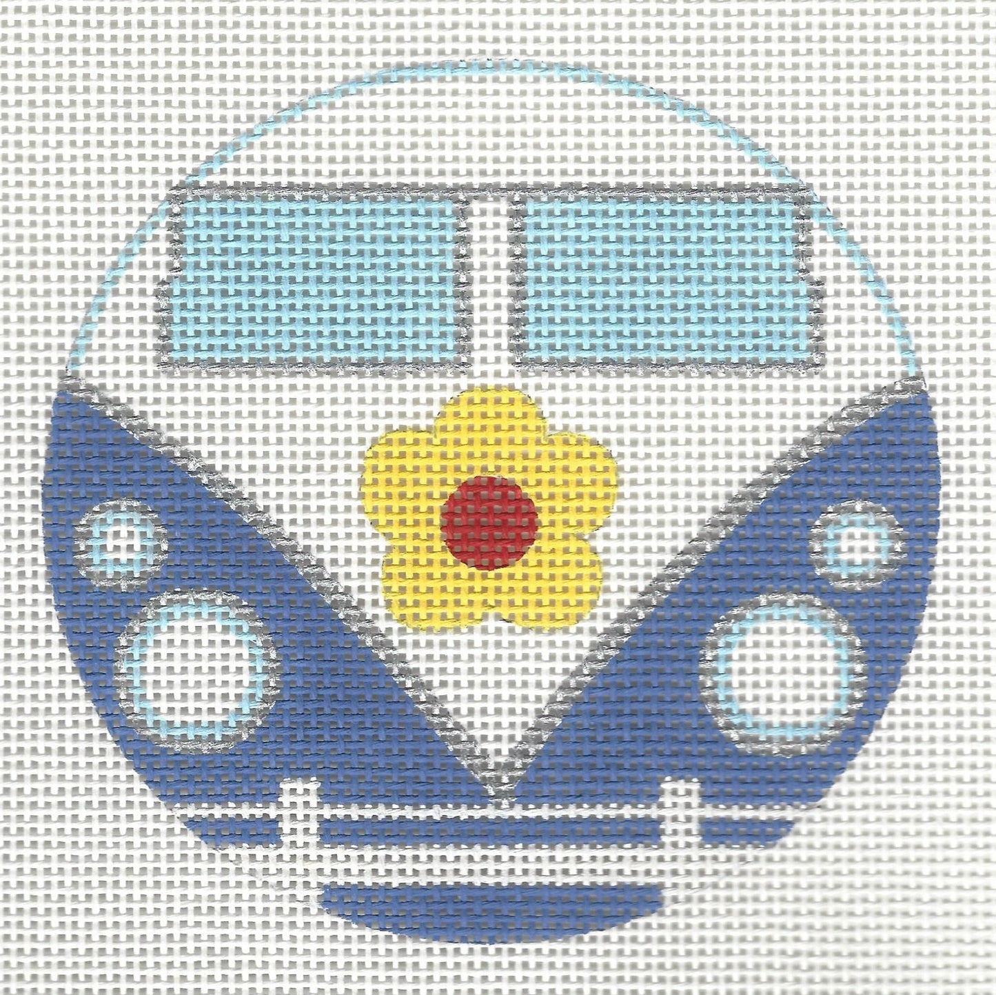Raymond Crawford Designs needlepoint canvas of a blue and white bus with a yellow flower on the front