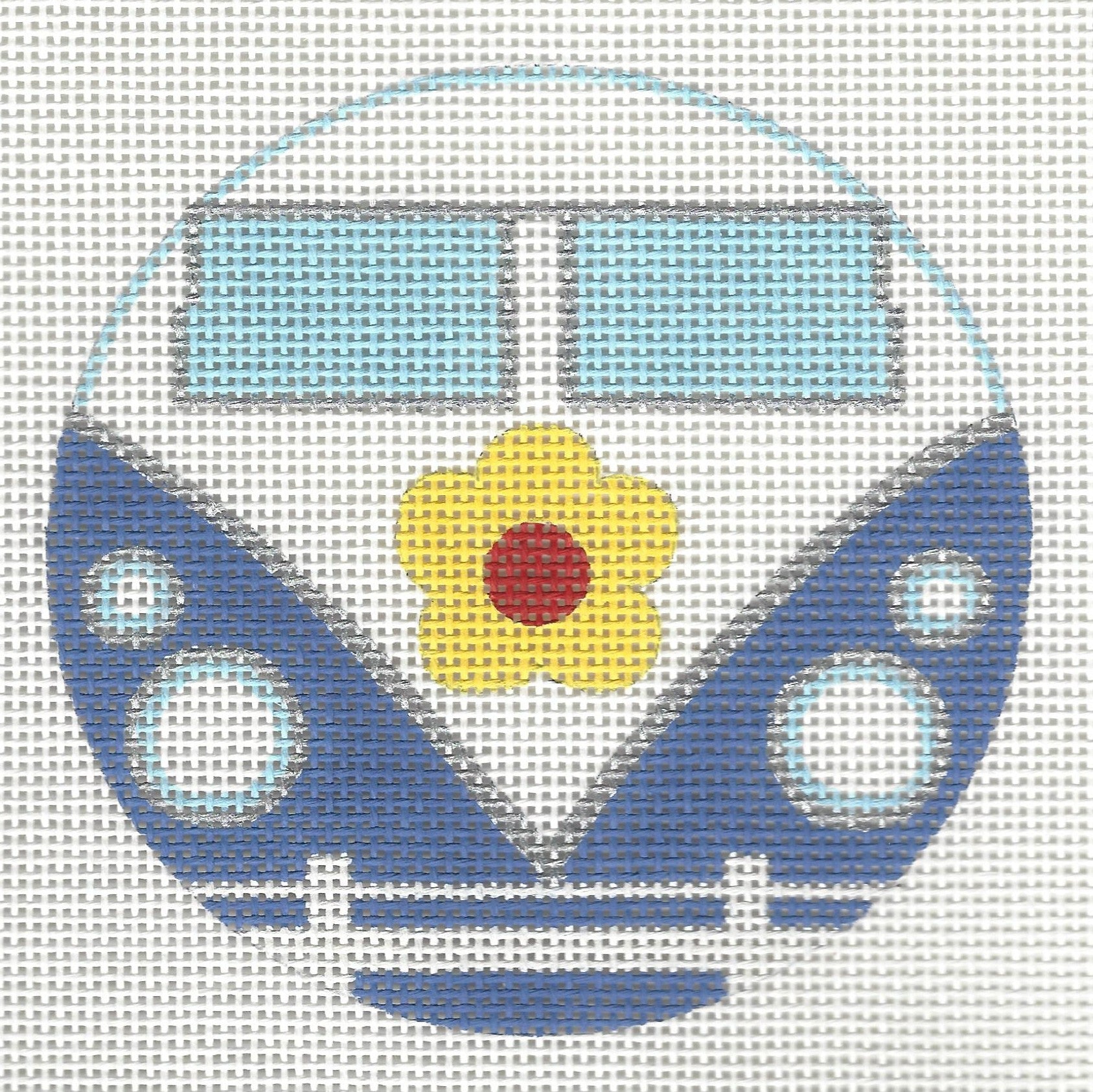 Raymond Crawford Designs needlepoint canvas of a blue and white bus with a yellow flower on the front