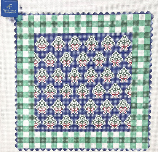Blue Holiday Pillow with Green Gingham