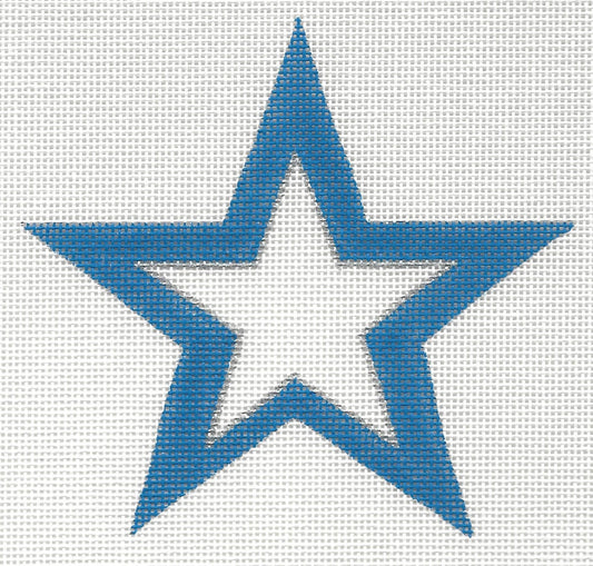 Raymond Crawford Designs needlepoint canvas of white star in center with thin silver outline and a thick blue outline design.